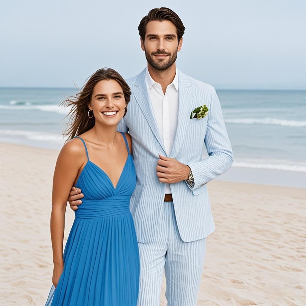 Summer Seersucker Suits for Men Tuxedos 2-Piece Big and Tall Suits Wedding Stylish Comfortable