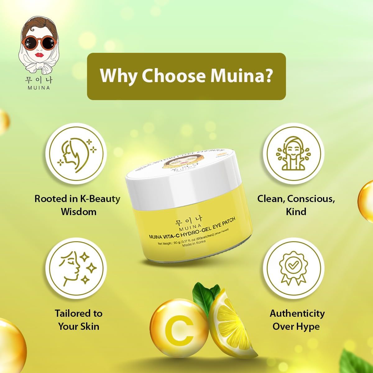MUINA Vita-C Hydro-Gel Eye Patch with serum for Brightening & Dark Circles | Revitalising Under Eye Masks with Vitamin C | 60 Patches (30 Pairs) | Hydrating & Glow-Boosting K-Beauty 2