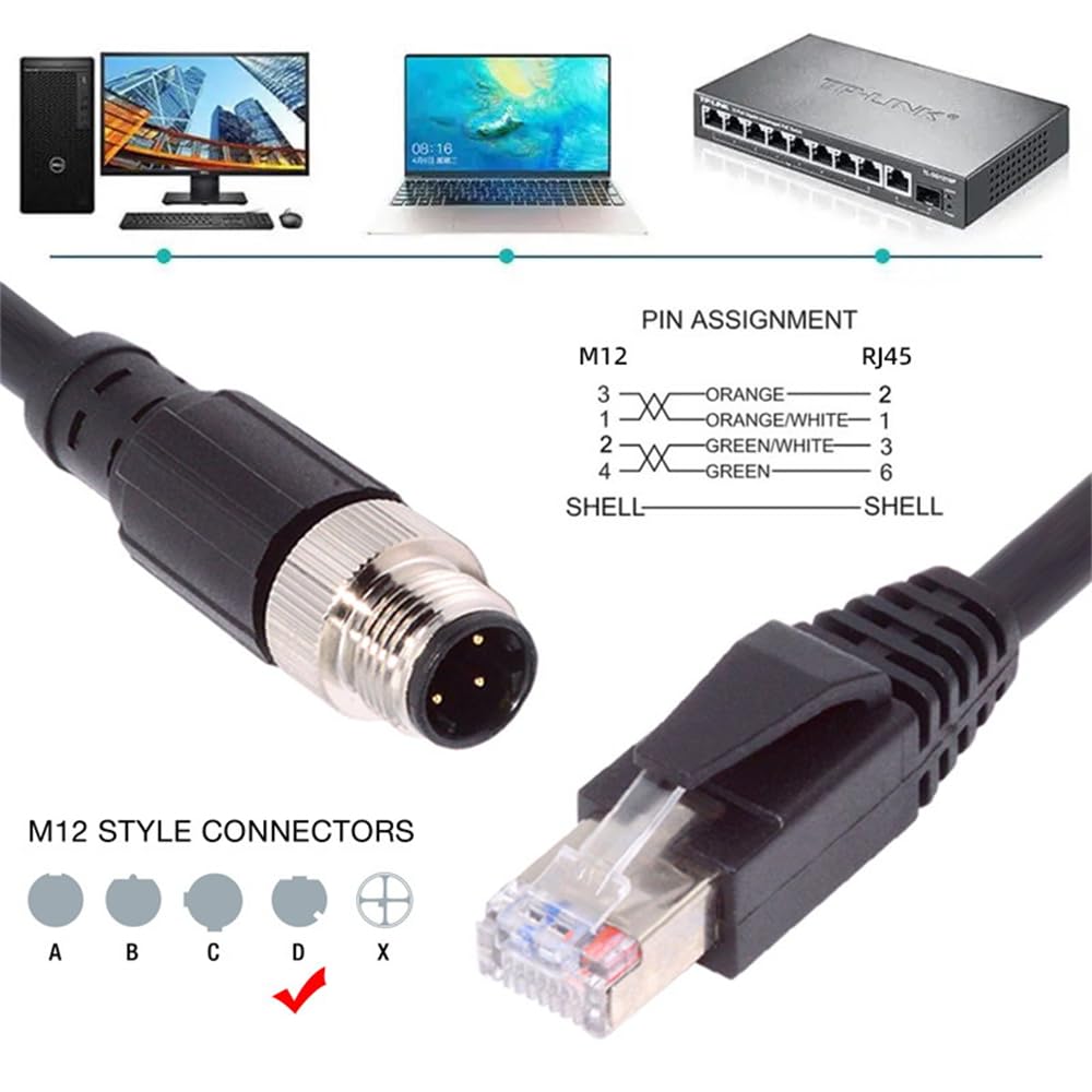 xiwai Cable de conexión M12 de 4 pines codificado en D tipo D macho a RJ45 macho Cat5e IP67 LAN Ethernet Network Industrial Aplicaciones Cable 1 m