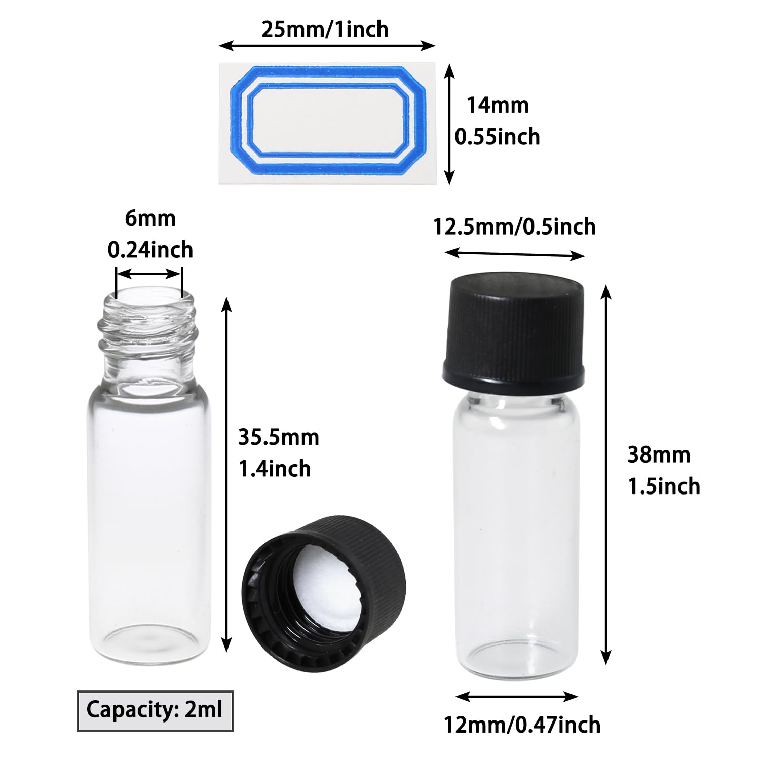 LUORNG 2ml Clear Glass Vials, 12 Pack with Screw Caps, Leak-proof Sample Vials with Labels for Laboratory