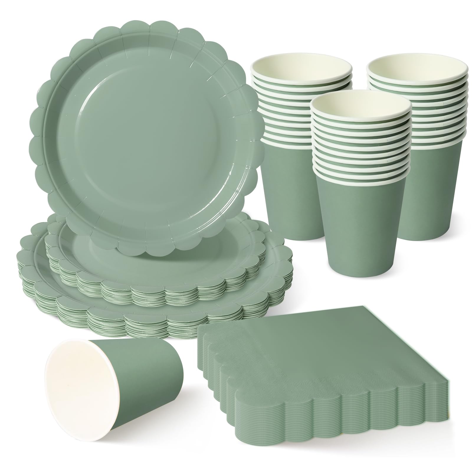 ZblPyro Sage Green Party Tableware Set for 30 Guests | A Set of 120 pcs Includes 9" & 7" Scalloped Paper Plates, Paper Cups & Napkins | Elegant Boho Wedding, Garden Party & Eco-Friendly Celebration — image 1