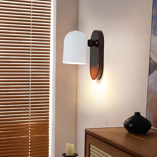 Miniatura 2 de Aplique de pared vintage de madera y metal blanco con cable E26E27, base para sala de estar, dormitorio, iluminación de noche