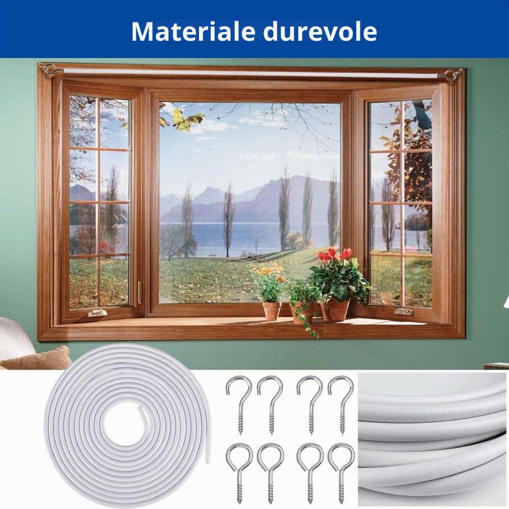 Cavo per Tende di Plastica Rivestito 10M Bianco con Ganci e Occhielli per Appendere Tende da Doccia