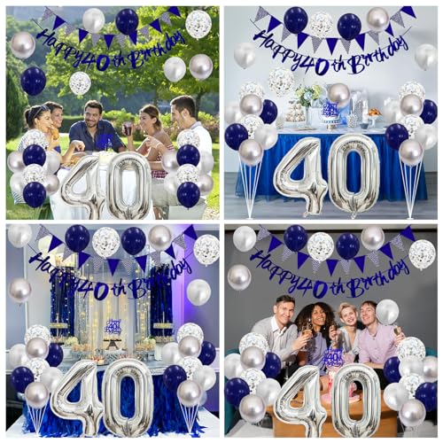 Image of 40th Birthday Decorations for Women Men, Blue Silver 40th Birthday Balloons, Blue Happy 40th Banner Cake Topper Number 40 Foil Balloon for 40 Year Old Party Decor