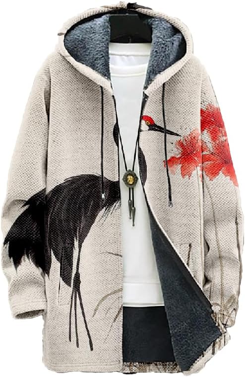 Long Sleeve Sweatshirts Cardigan Men Japanese Crane Art with Pocket Causal Oversize Fall Vintage Sweatshirts