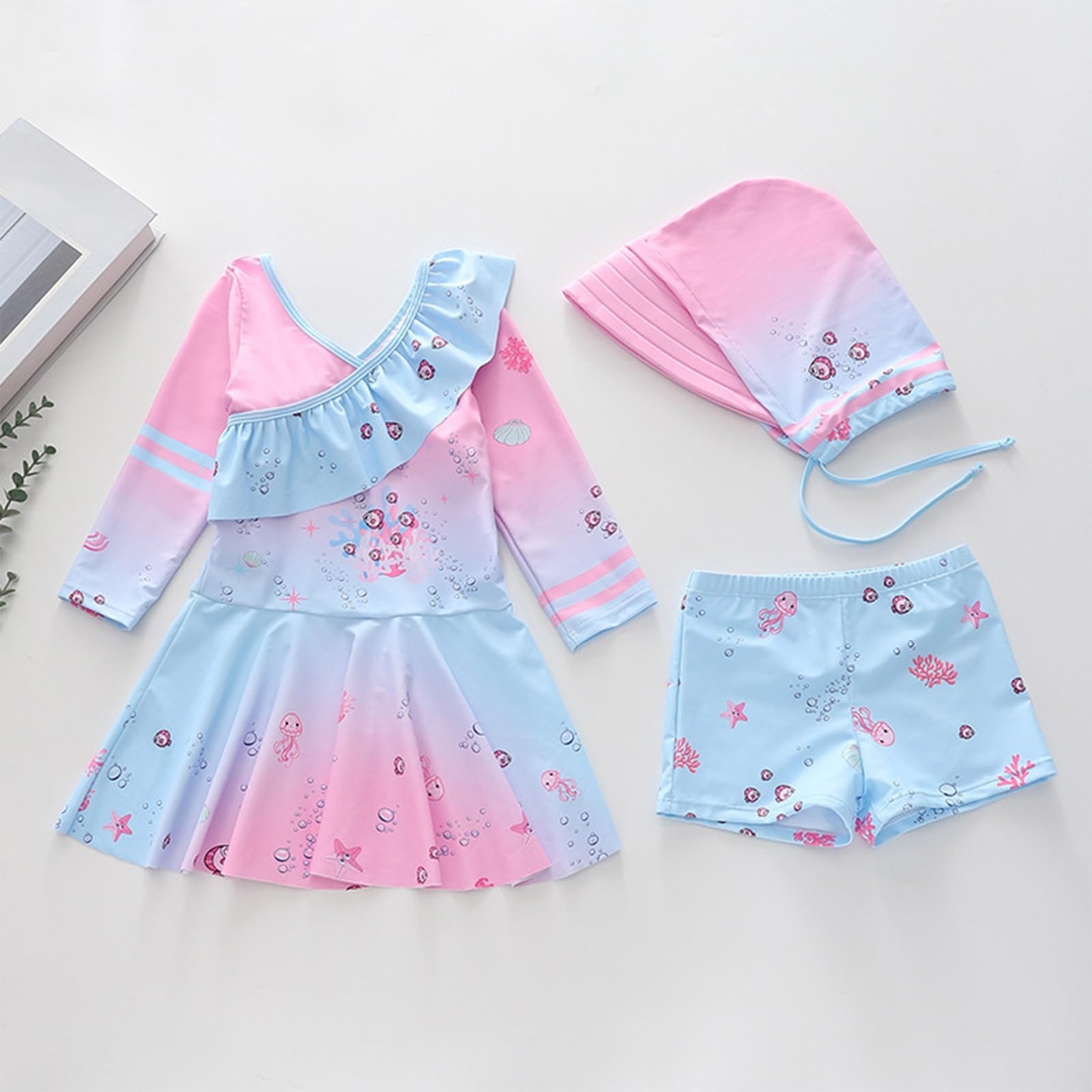 Traje de baño de verano para niños y niñas, de dos piezas, con falda y gorro de baño a juego, bonito tankini con volantes para niños mayores, adolescentes y jóvenes