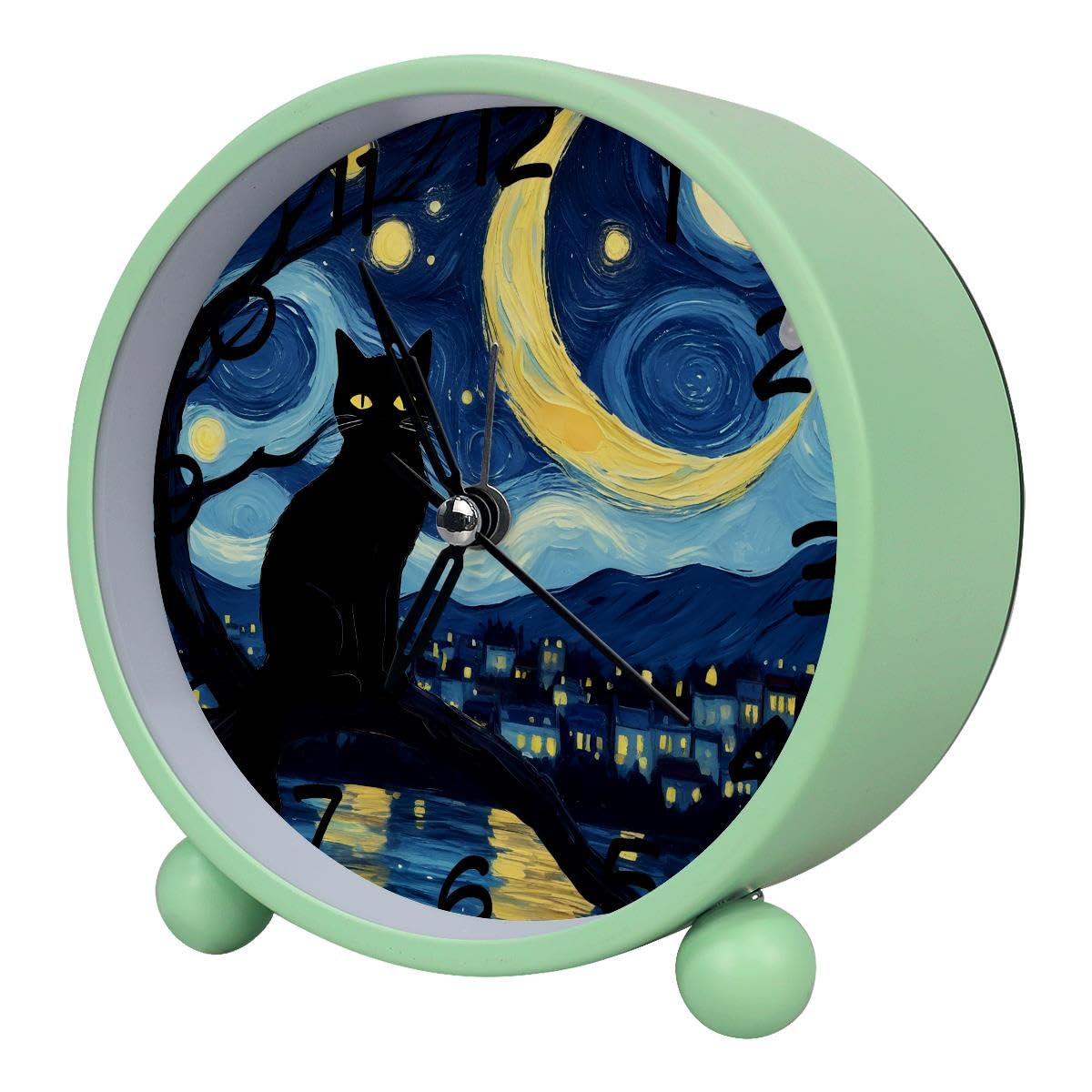 Luoweisi Analog Alarm Clock Black Cat Starry, Silent Non-Ticking with Night Light, Battery Operated, Round Desk Alarm Clock for Office, Bedroom, Elderly, Adults, Children, Student Gifts