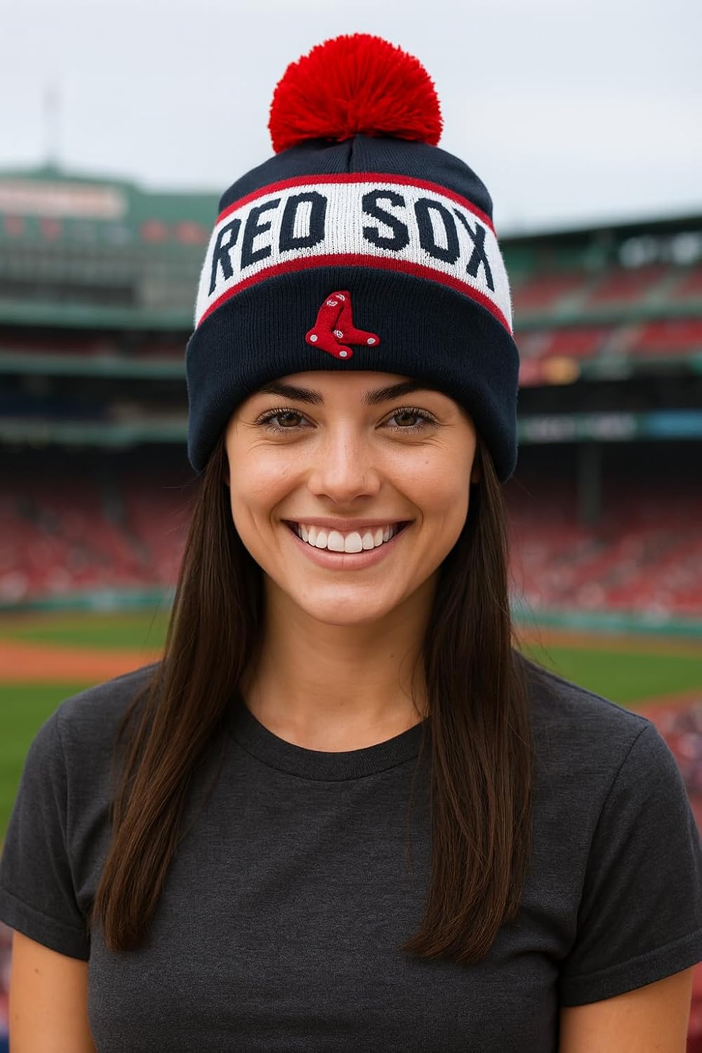 Officially Licensed Boston Baseball Navy Cuffed Knit Pom Beanie Hat Classic Edition Embroidered Red/White Team Logo Winter Sox Winter Sports Cap