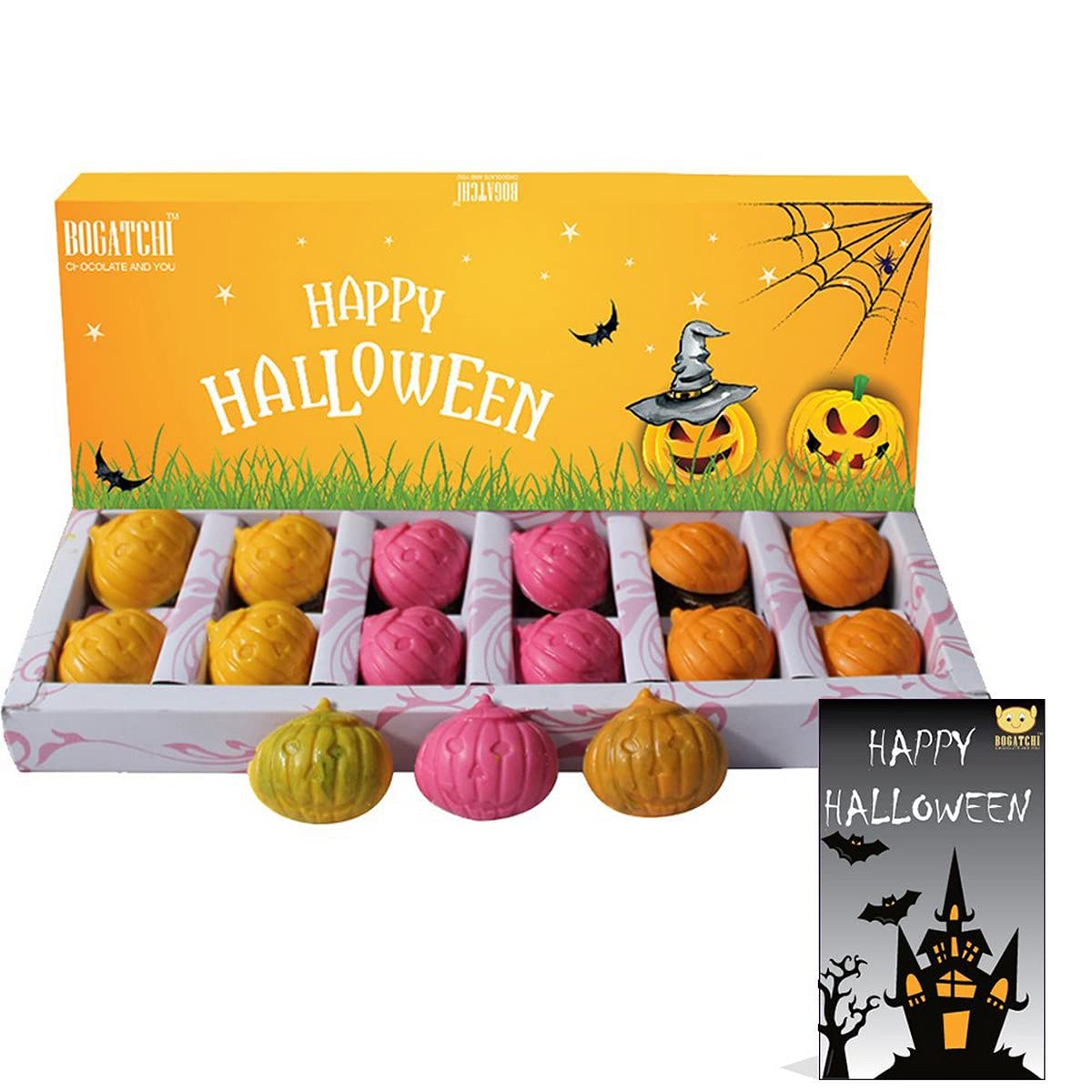 Halloween Gifts, Premium Chocolate Candy Box, Pumpkin Shape Chocolates - Mango, Strawberry and Orange Flavors, 12 Pieces, Free Halloween Greetings Card