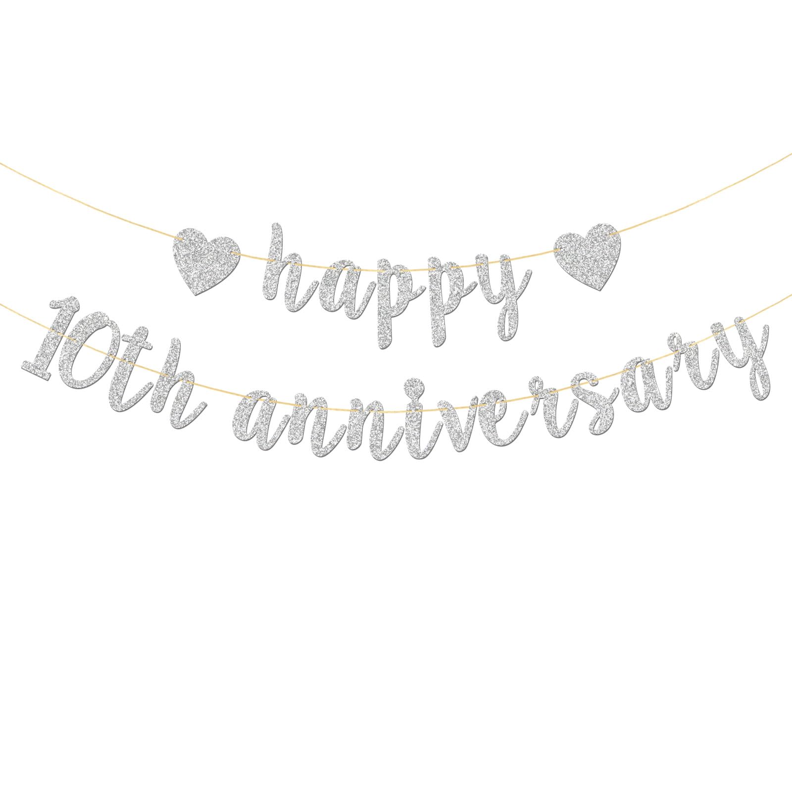 Happy 10th Anniversary Banner - Happy 10th Birthday Party Garland Supplies - 10 Wedding Anniversary Party Decorations - Silver Glitter