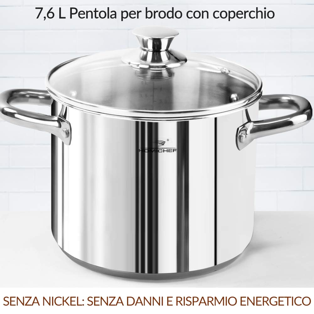 HOMICHEF Set di pentole e padelle in acciaio inox senza nichel, 14 pezzi, atossiche e salutari a induzione