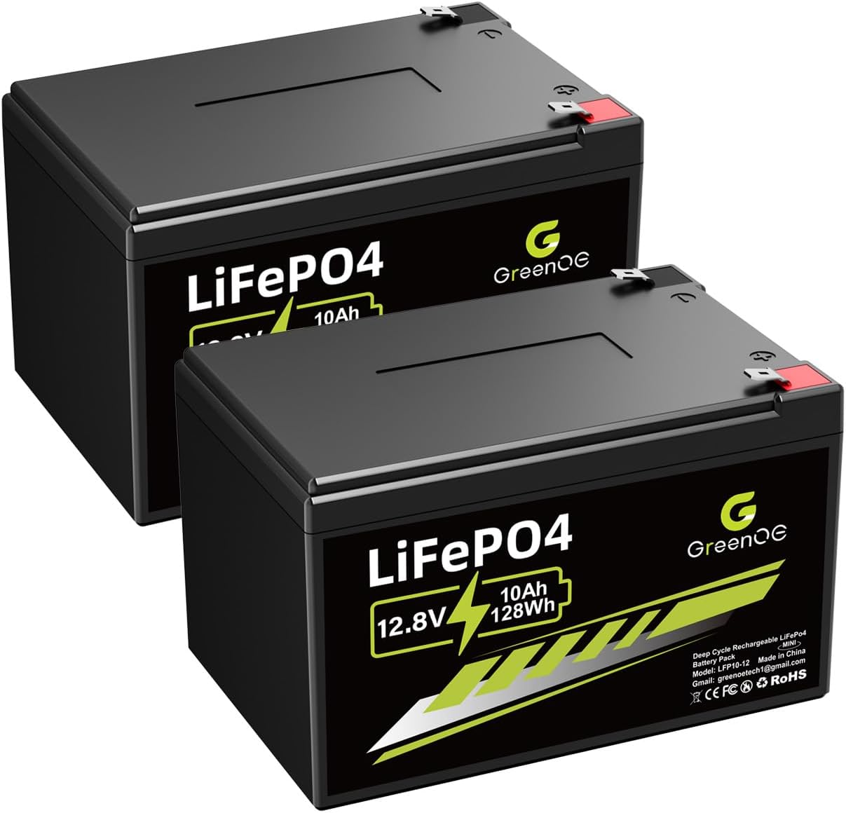 12V 10Ah LiFePO4 Battery, Up to 3000 Deep Cycles Rechargeable Lithium Battery for Solar/Wind Power,Lighting, Power Wheels, Fish Finder and More, Built-in 10A BMS (12v10ah-2pcs)