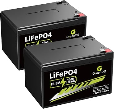 12V 10Ah LiFePO4 Battery, Up to 3000 Deep Cycles Rechargeable Lithium Battery for Solar/Wind Power,Lighting, Power Wheels, Fish Finder and More, Built-in 10A BMS 12v10ah-2pcs