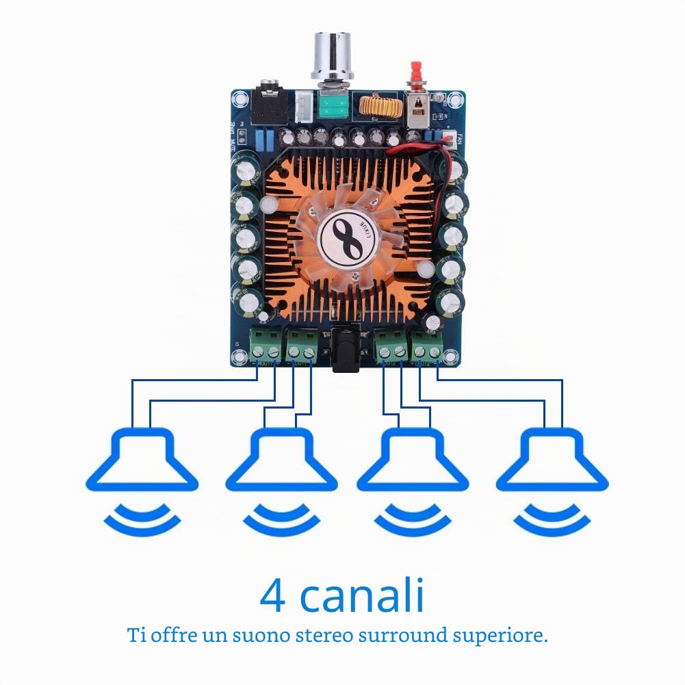 Amplificatore HiFi 4x50W, Piastra 4 Digitale Stereo | amplificatore mini piastra potenza DC 12-16V protezione sovracorrente auto
