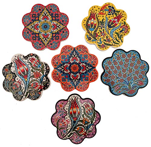 Ayennur Turkish Ceramic Plate Absorbent Daisy Desing Coasters for Drinks House Warming,Living Room Decoration Gift Set of 6 No Holder,Oversize Better Protects Furniture from Damage