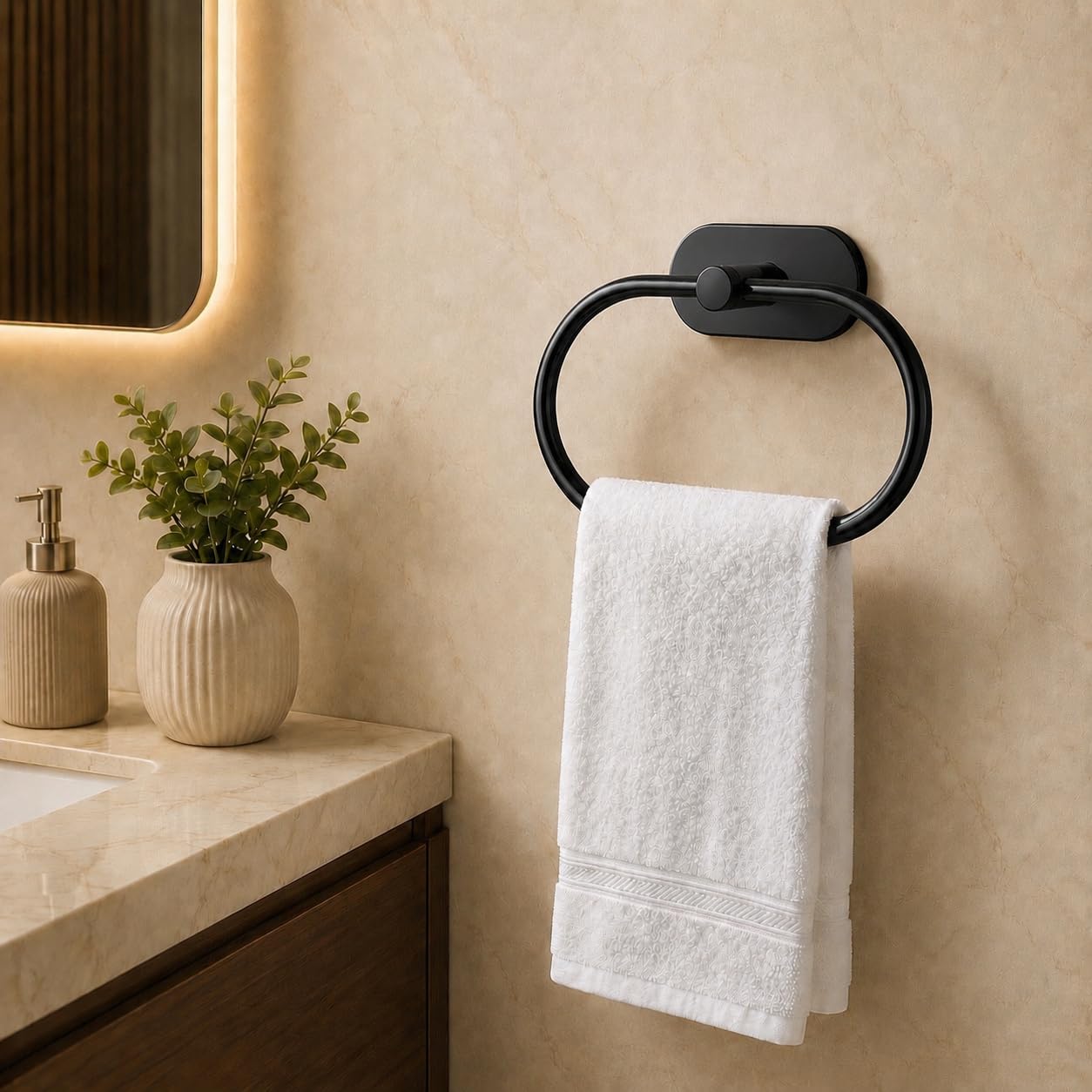 Oslen Premium Black Self Adhesive Towel Ring Holder – No Drill Bathroom Hand Towel Hanger, Heavy Duty Stainless Steel Wall Mount for Kitchen, Wash Basin & Bathroom-image-16