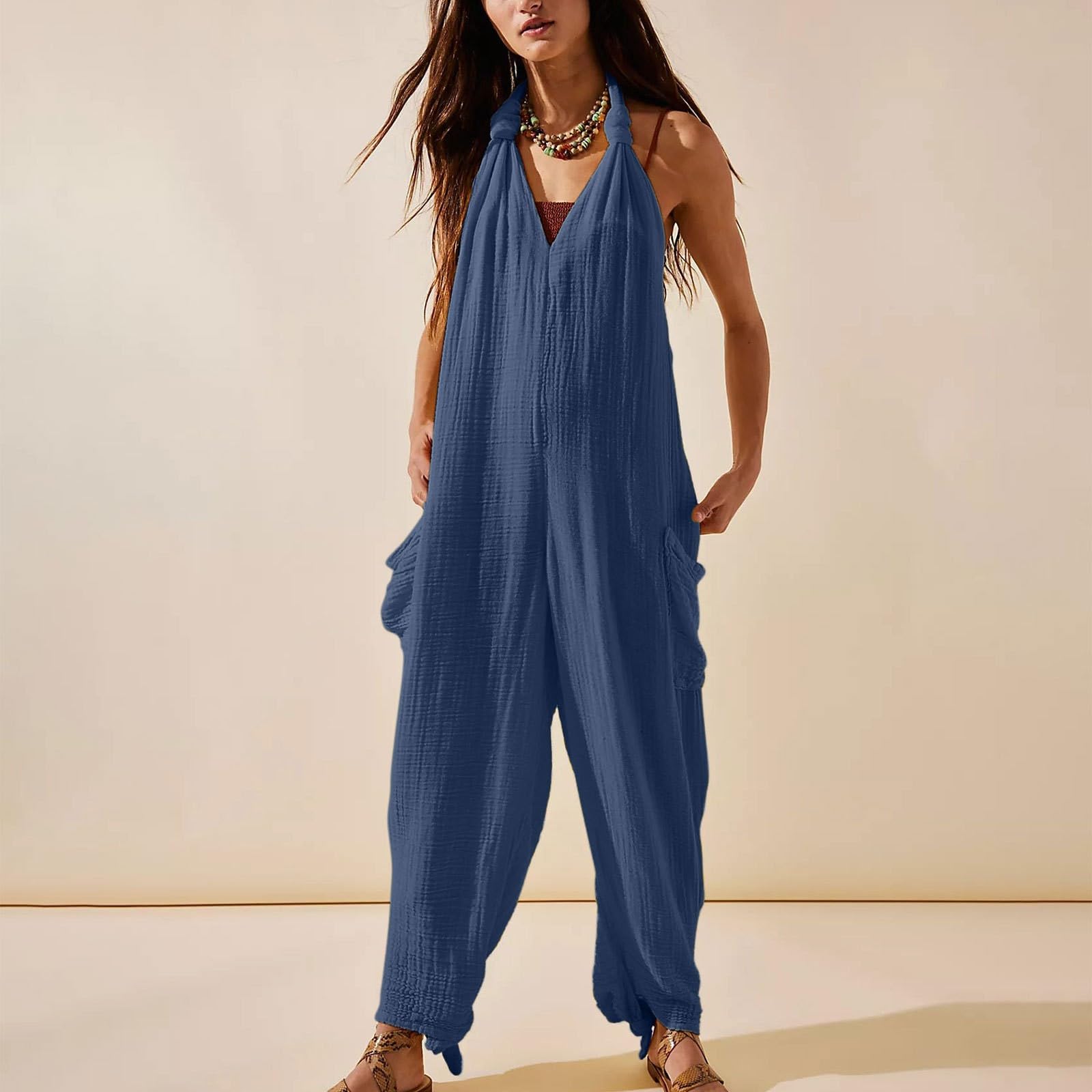 Combinaison pour femme - Sportif - Loisirs - Été - Salopette légère en lin - Pantalon de travail extensible - Avec col en V - Avec poches - Couleur unie - Sans manches - Combinaison d'été