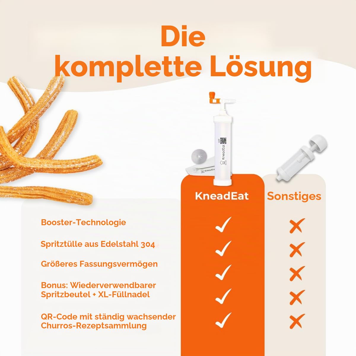 KneadEat Churro Maker Kit Mit Booster-Betriebenem Griff Churrera Und Spritzbeutel Churros Füller Einfacher QR-Rezept Zum Zubereiten Befüllen Eigener Zu Hause - Kneadeat Cookie Press