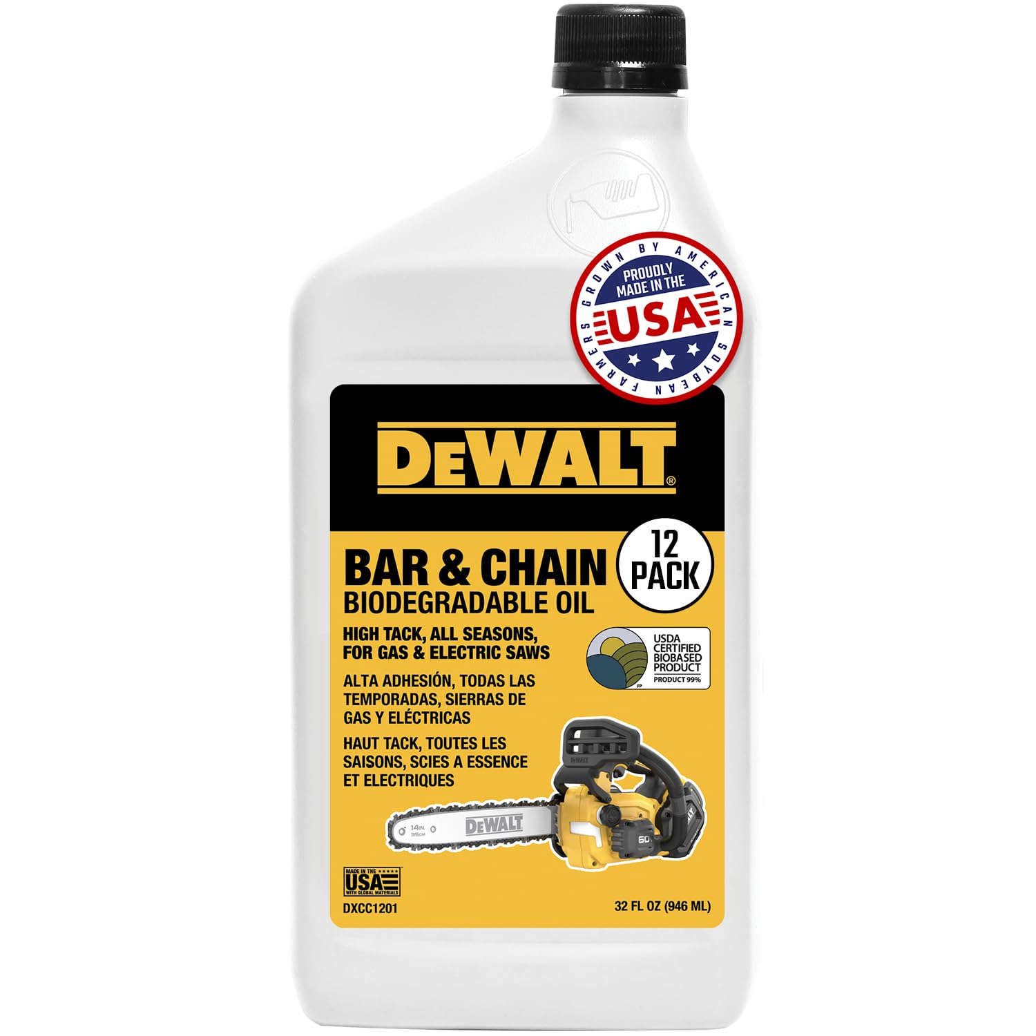 DEWALT – Biodegradable Bar &amp; Chain Oil – Green, Eco-Friendly, Non-Toxic Professional Bar &amp; Chainsaw Lubricant – Ultraclean All-Season Oil for Gas, Electric Saw, and Pole Saw, 32 oz (Case of 12)