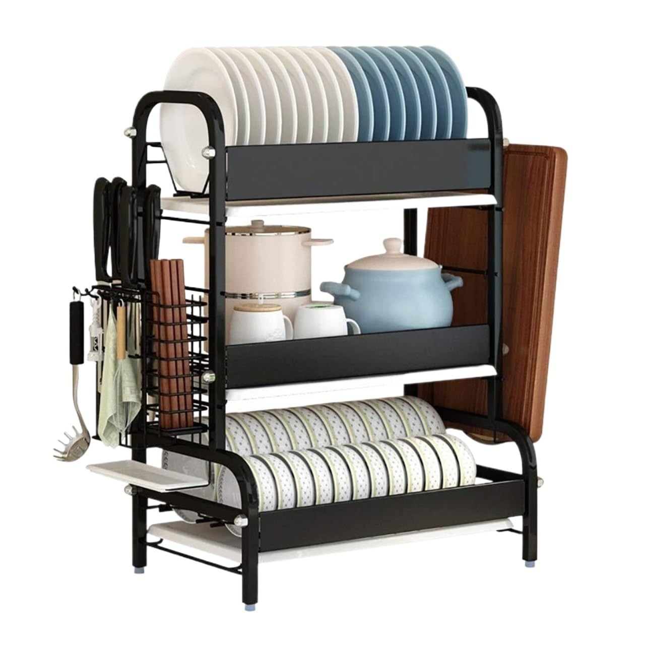 GOOPEEG Dish Drainer,Dish Rack 3 Tier Stainless Steel Dish Drying Dryer Rack With Utensil Holder Removable Drainer Trays Easy Dish Organization(Black)