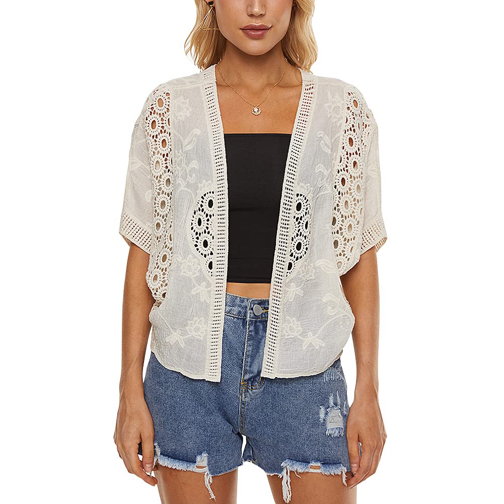 Women's Short Sleeve Bolero Shrugs Crochet Lace Open Cardigan, Beige-b, One Size