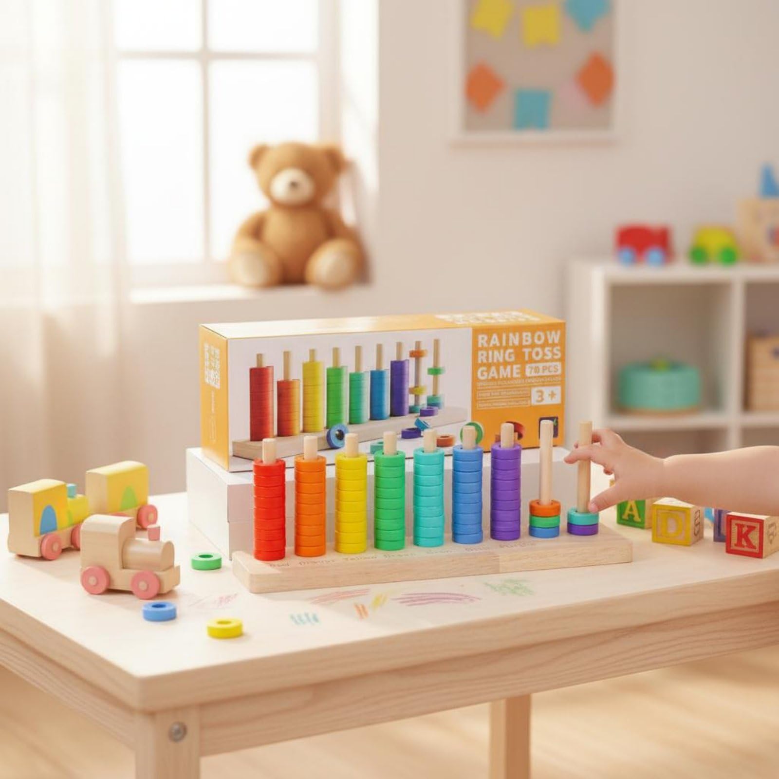 Juego de para Niños Juguete Didáctico Apilador Clasificador Madera con Pintura Segura y Tacto Suave Favorece Coordinación Mano Ojo y Destreza Adecuado, Gran+Abalorios