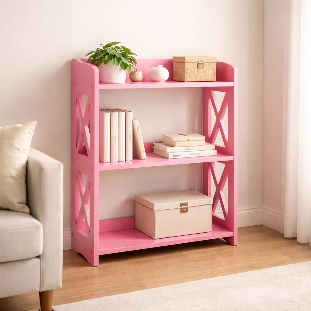 Narrow Bookcase by Natural Wood, 3 Tier Bookshelf, Small Book Shelves Freestanding Display Storage Shelves. Open Bookshelf for Bedroom, Living Room and Office (Pink, 3 Tier)
