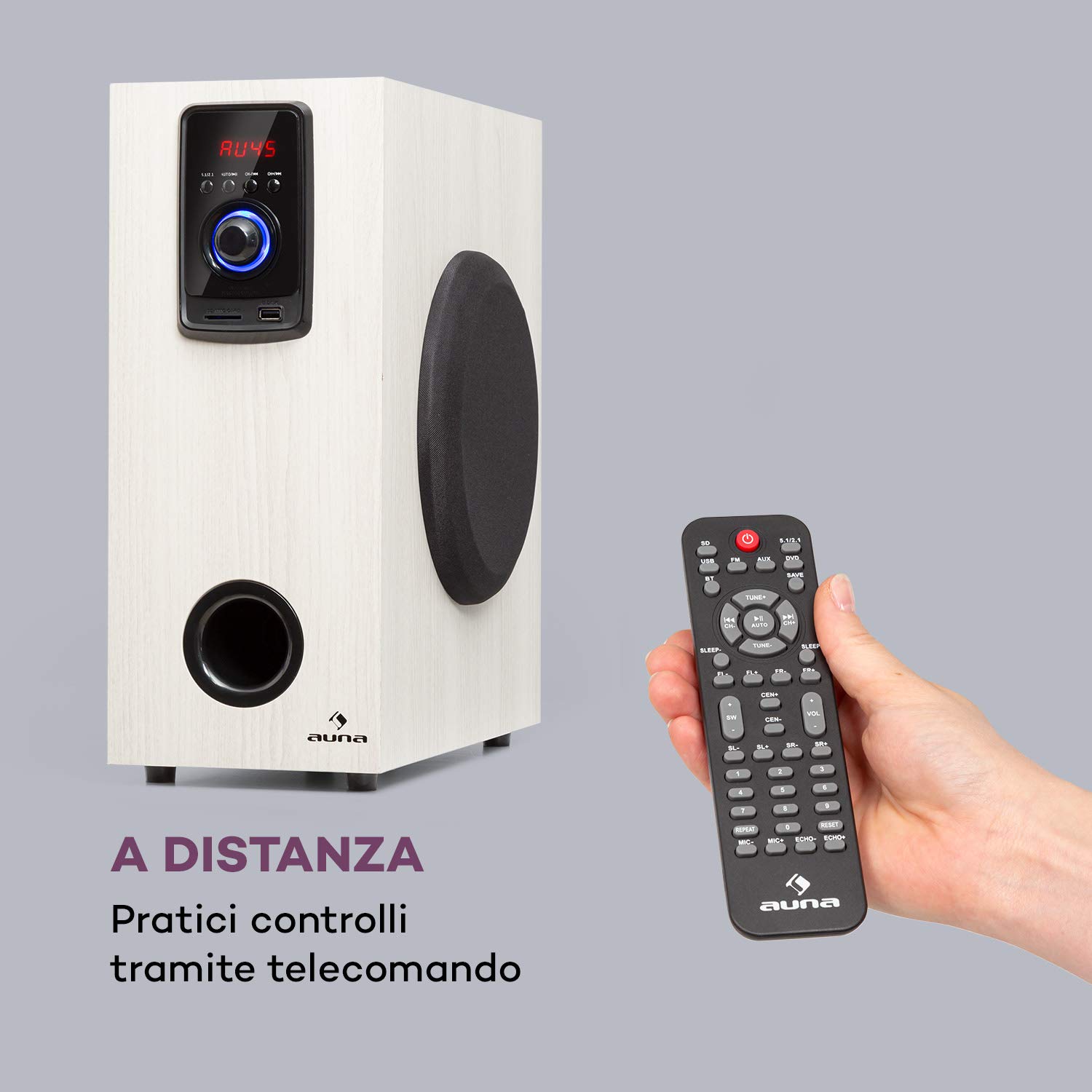 AUNA Areal Elegance - Home Theater 5.1, Impianto Surround a 5.1 Canali, Home Cinema, Potenza: 190 Watt RMS, Subwoofer: 5", 5 Altoparlanti Satellite (3"+5"), Bluetooth, USB/SD, Effetto Legno Chiaro