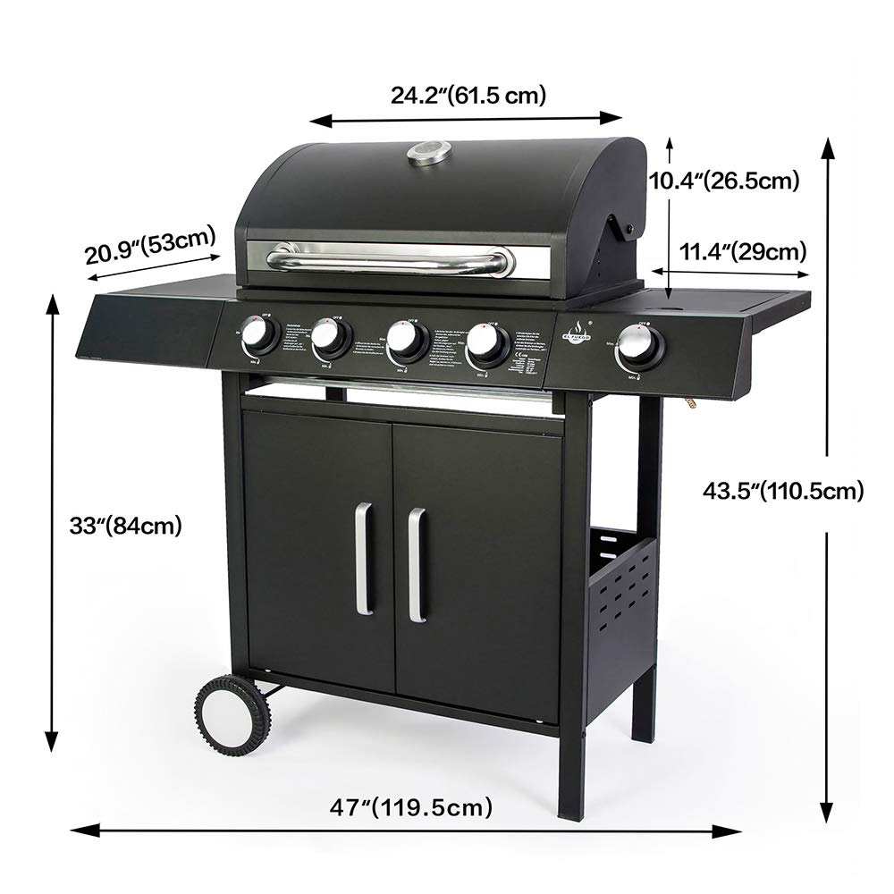 El Fuego® grill gazowy “San Angelo 4+1“ | 4 główne palniki + 1 boczny palnik | stal nierdzewna, w zestawie z wężem gazowym i reduktorem ciśnienia | grill na kółkach BBQ | AY 582