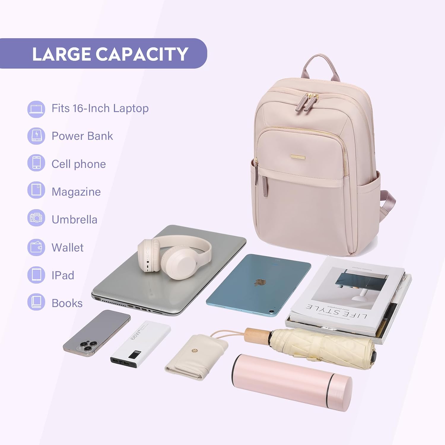 Hiking Travel Backpack for Women Casual Business Weekender Multilayer Laptop Bag,16 Inch,Pink - Image 3