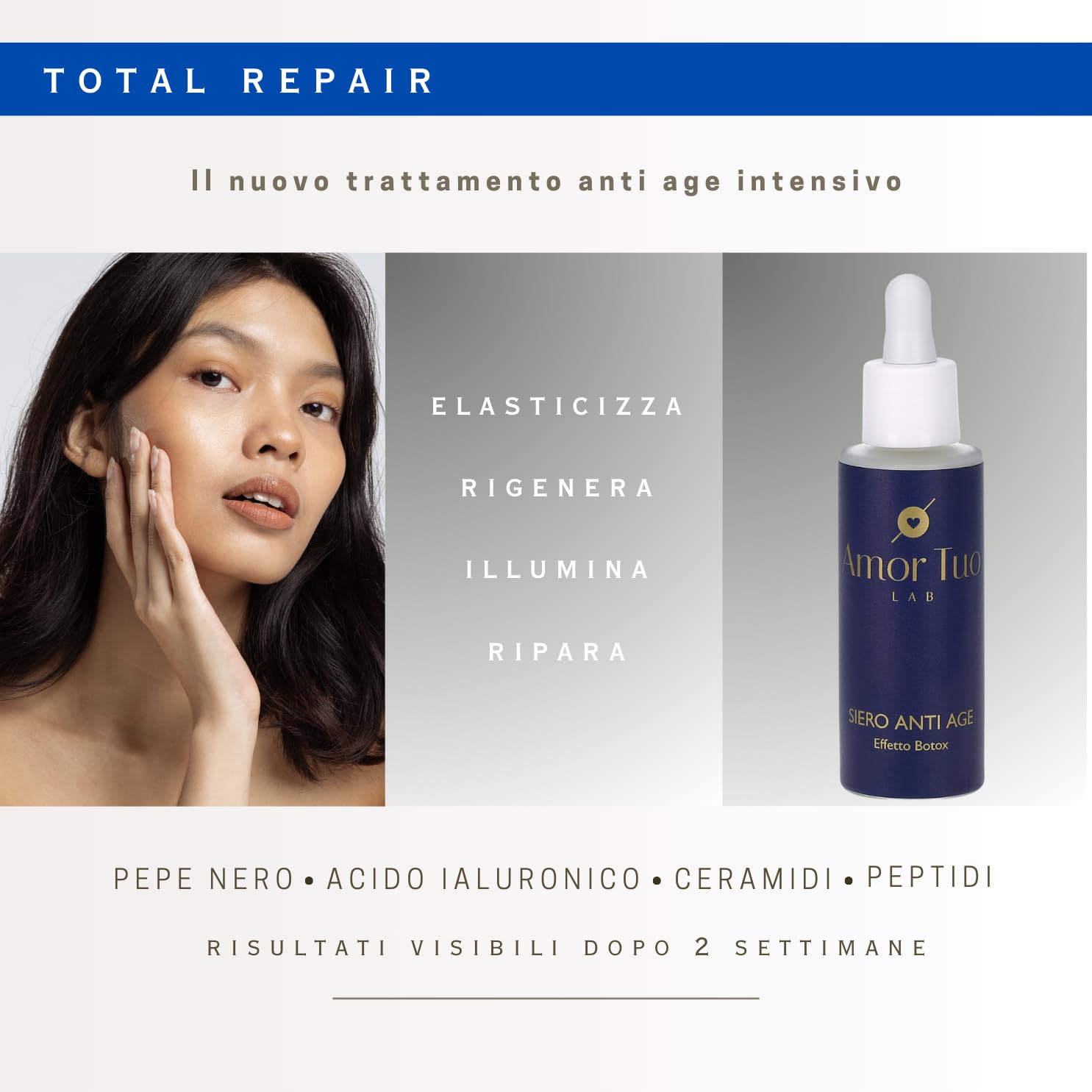 AMOR TUO LAB®| Siero Viso Acido Ialuronico Puro 3 Pesi Molecolari - Siero Viso Antirughe - Effetto Tensore, Rimpolpante, Elasticizzante - Effetto Botox Naturale - Ideale per Skincare e pelli delicate