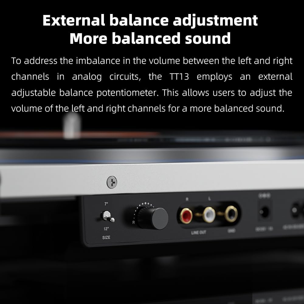 Close-up of the rear panel of the FiiO TT13 turntable showing the analog output and balance adjustment knob.