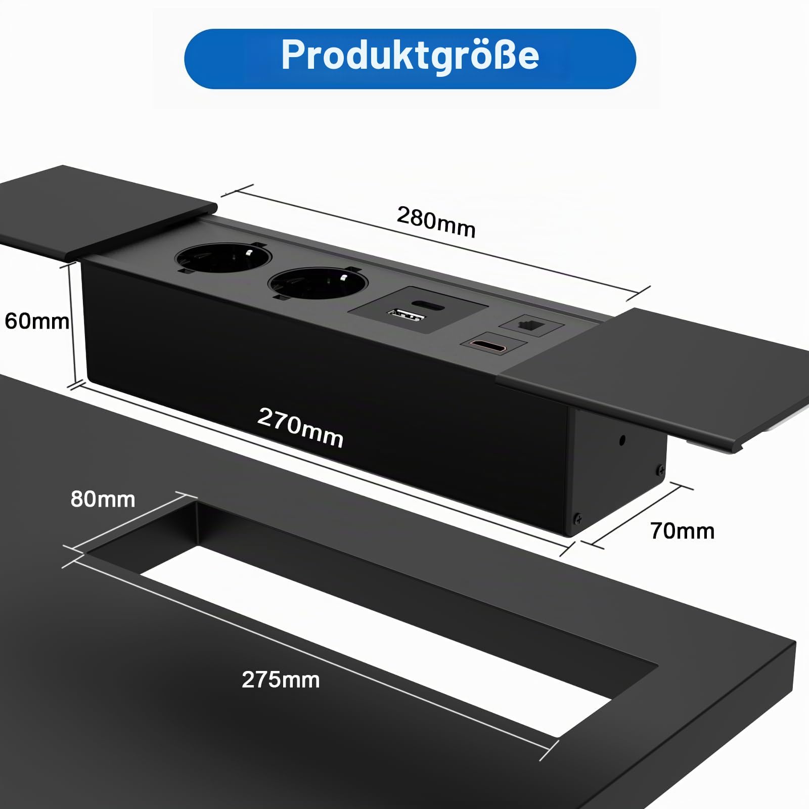 Tischsteckdose,Unterputz-Steckdose mit 2 Steckdosen+USB+Type C PD20W + HDMI TD Netzwerkschnittstelle,Aluminium Tischplatte Schiebedeckel Versenkte Steckdose Schwarz,1.8M Kabel