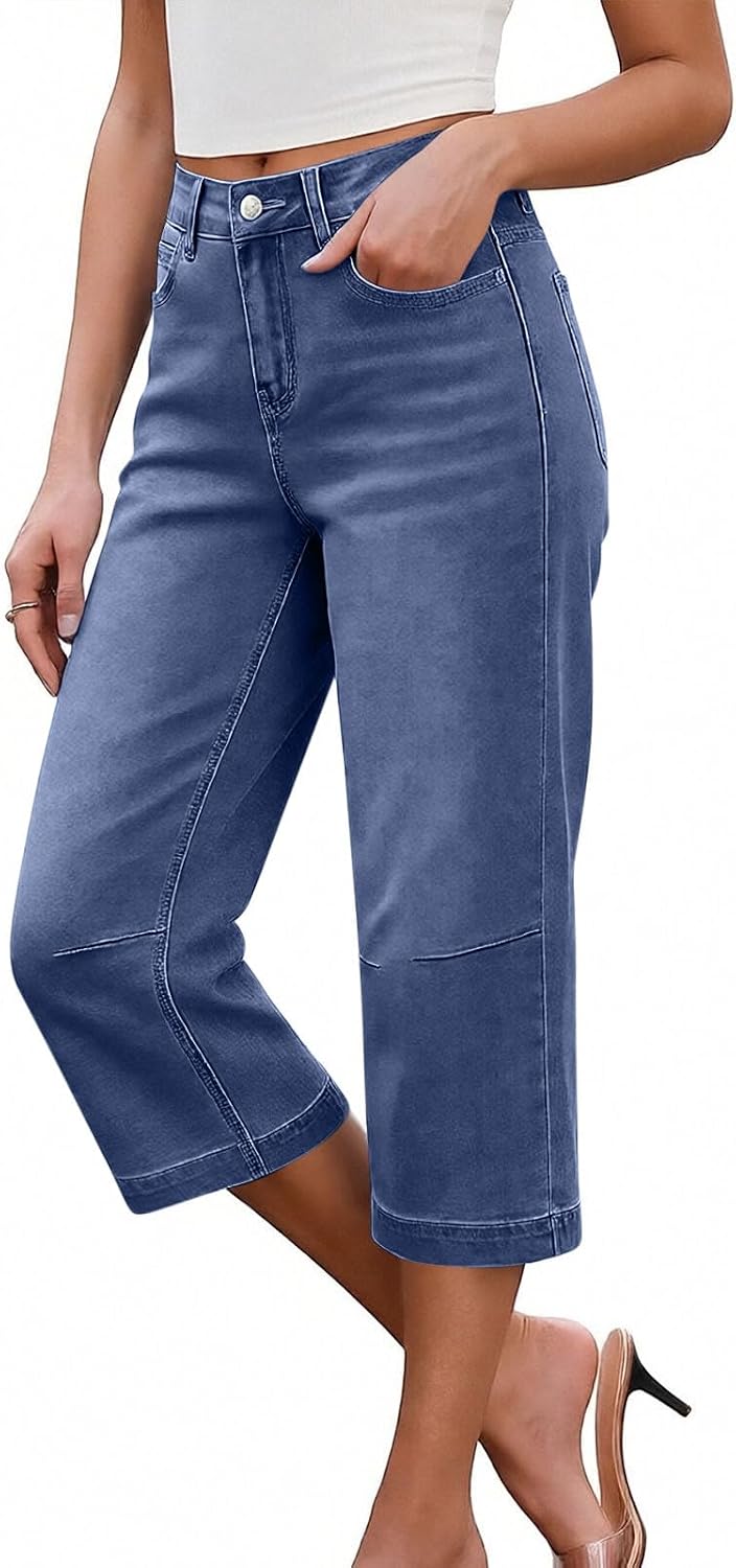 Capri Jeans for Women Wide Leg Trendy Casual High Waisted Pull On High Waist Summer Denim Capris Pants with Pockets