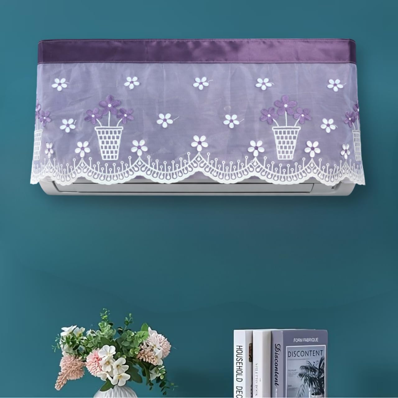 Premium Embroidered AC Cover for Split AC (1 Ton & 1.5 Ton) | Dustproof Decorative Air Conditioner Cover | Lace Designer AC Indoor Unit Cover | Washable & Reusable (Wine, 1.5 Ton)