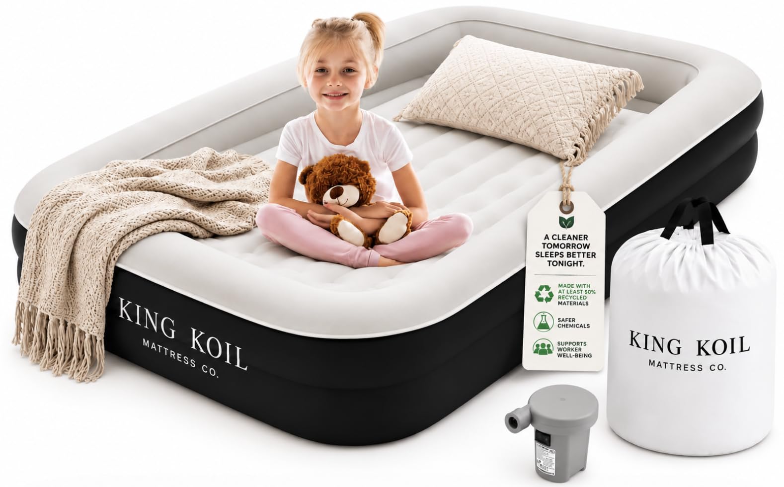 King Koil Kids Air Mattress with Built-in Pump &amp; Safety Bumper, Travel Bed