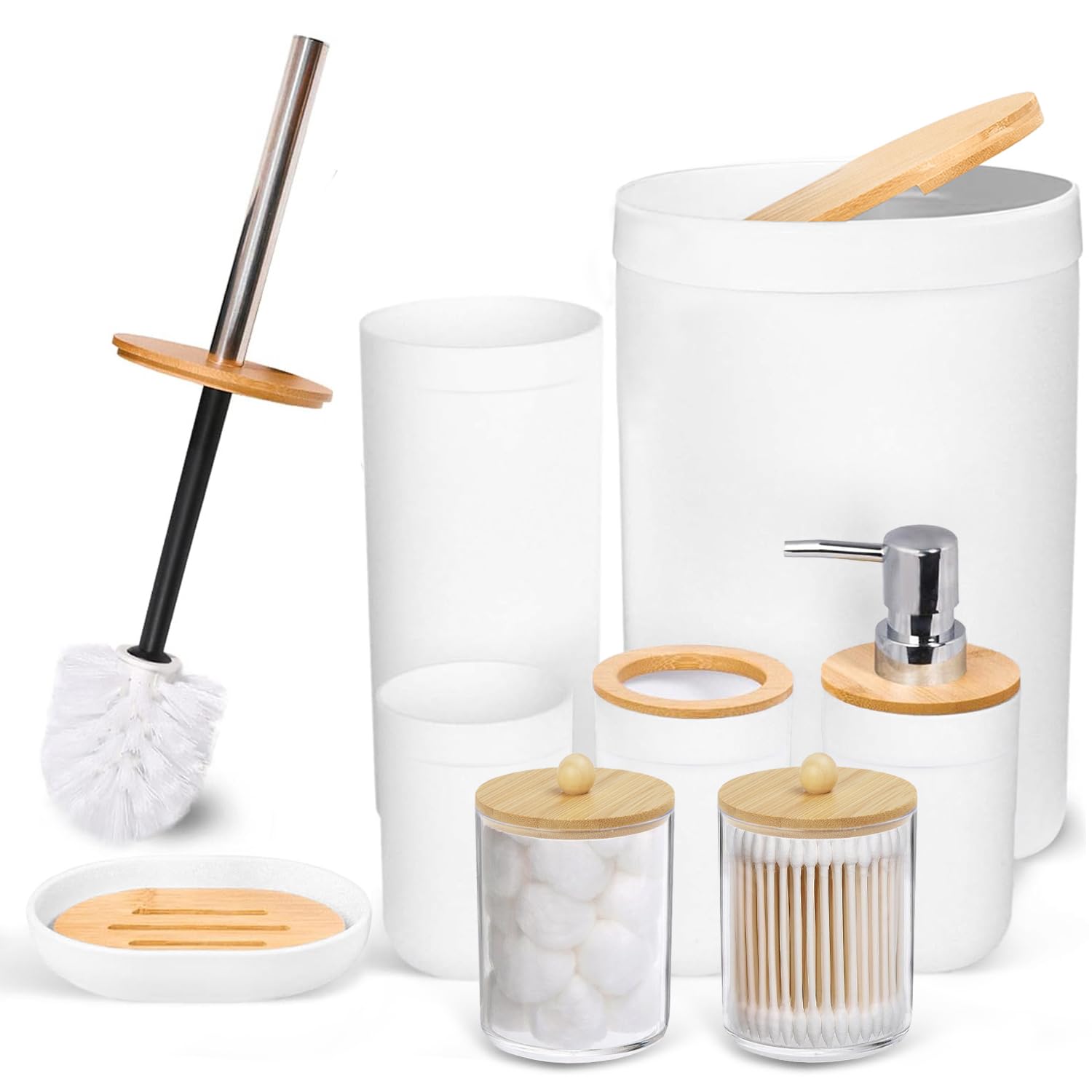 CERBIOR Bathroom Accessories Set 8 Pcs Bamboo Bath Ensemble Includes Soap Dispenser, Toothbrush Holder, Toothbrush Cup, Soap Dish, Qtip Holder Dispenser for Housewarming Gift (8-Bamboo White)