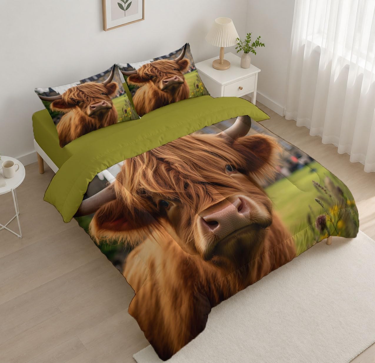 Rural Farmhouse Comforter Set King Size, Cute Highland Cattle Bedding Set for Girls Boys, Brown Quilt Bed 104"X90" Bedding Comforter Sets with 2 Pillowcase Room Decor