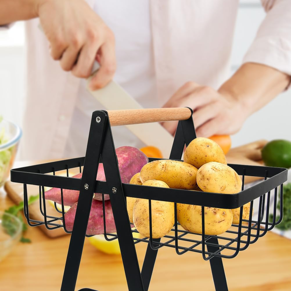 SUBTLETY Cestino per frutta in metallo, a 2 ripiani, con manico in legno, moderno cestino per frutta, verdura in piedi, 27 x 17 x 30 cm, per frutta e snack ( nero