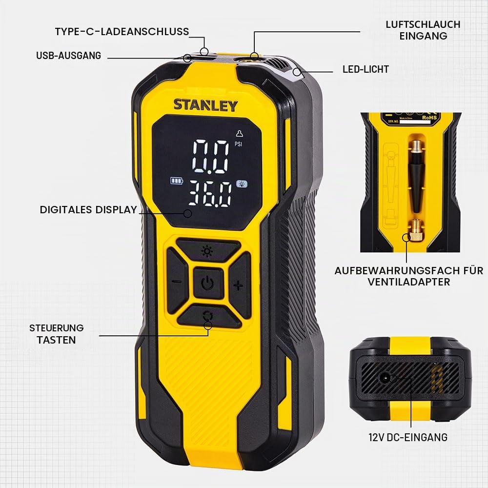Stanley SXIF0101 12V / Wiederaufladbare Li-ion 150 PSI Intelligente Reifenfüllpumpe mit Digitalanzeige + Powerbank + SOS + Led Lampe