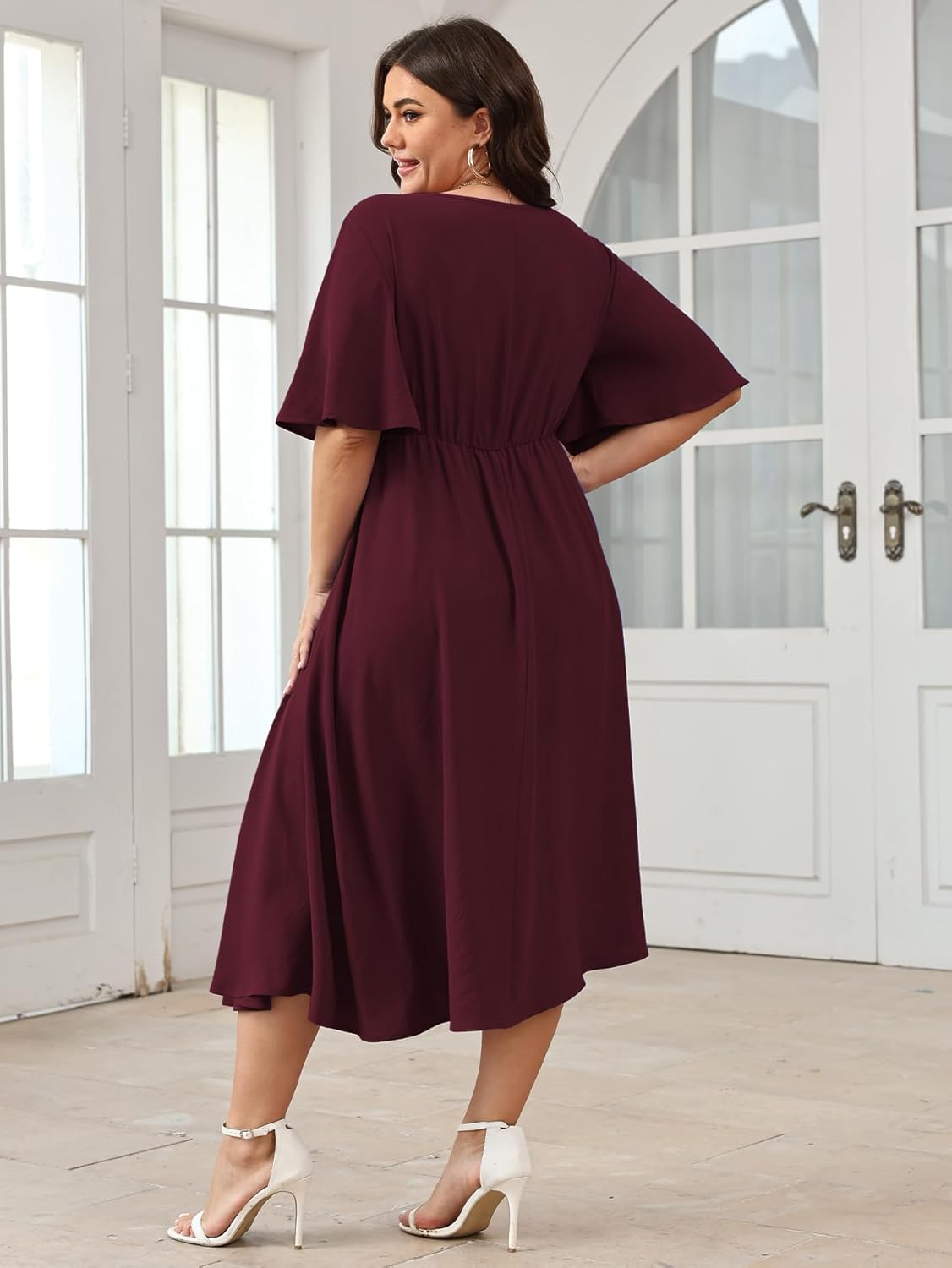 SCOMCHIC Women Plus Size Midi Dresses Wedding Guest Short Sleeve V Neck Tie Waist Casual Summer Flowy A Line Dress - Image 6