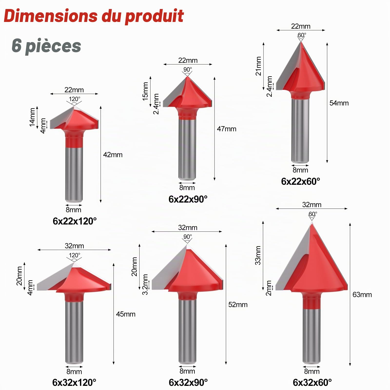 APIELE Lot de 6 fraises à rainure en V 3D CNC 8 mm - Rainure en V 60 °/90 °/120 ° - Embouts de routeur à rainure en V pour couper, fender, graver et finir des projets de bois pour le travail du bois