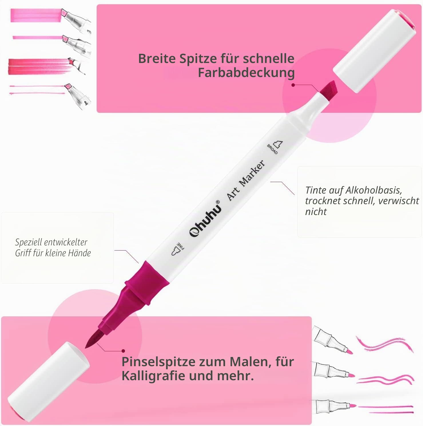 Ohuhu Pinsel Stifte 96 Farben, Alkoholmarker mit Doppelspitze, Meißel und Pinsel Kunstmarker-Set auf Alkoholbasis für Erwachsene zum Ausmalen von Illustrationen besser gestalteter Griff