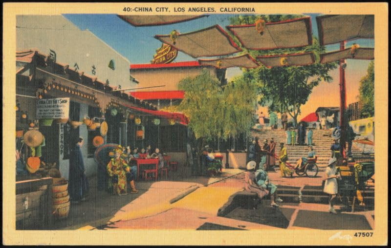China City Gift Shop and Street Scene with Rickshaw Los Angeles California Original Postcard