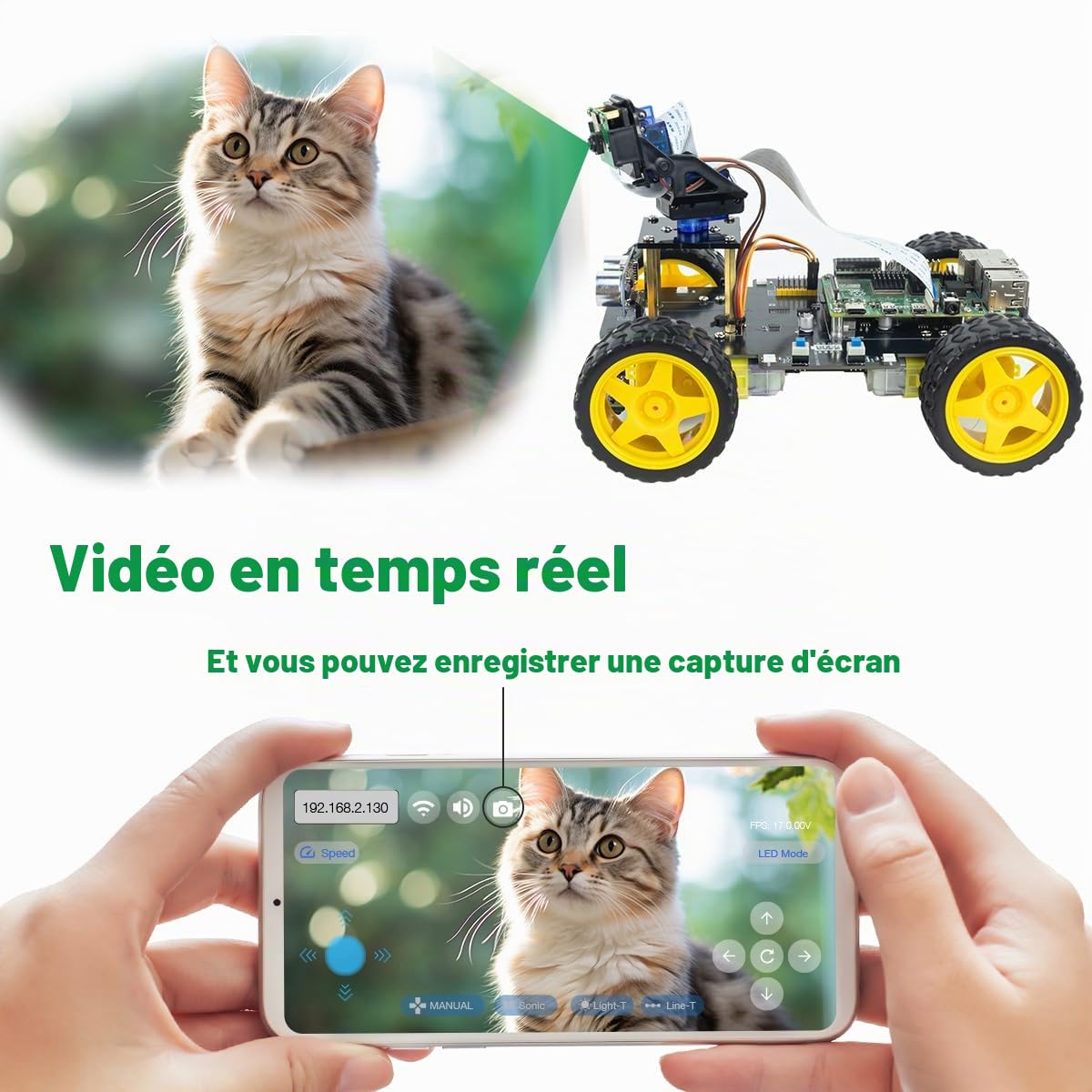 LAFVIN Kit de voiture intelligente 4WD pour Raspberry Pi 5/4B/3B+/3B/2B/1B+ avec tutoriel, robot intelligent multifonction avec appareil photo (Raspberry Pi non inclus)
