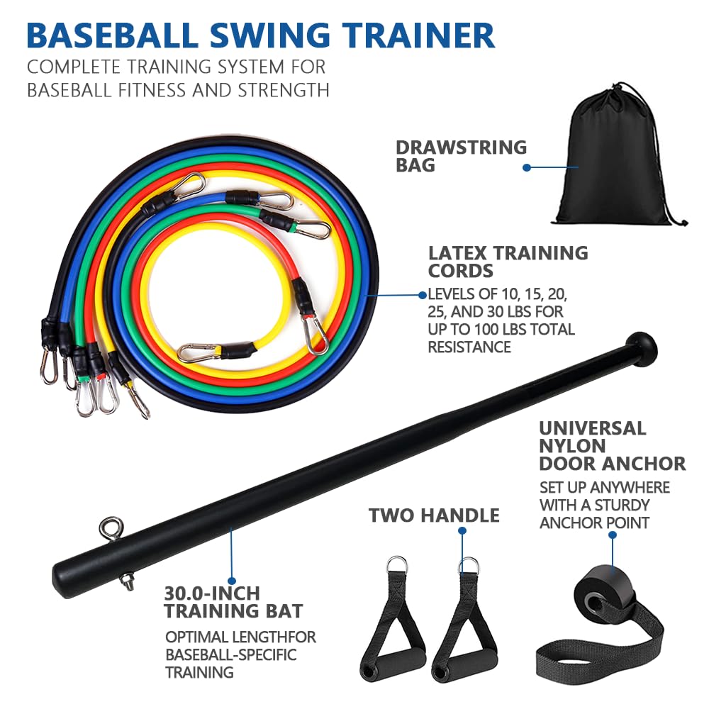 JUJINGYANG Baseball Swing Training Aid with 5 Adjustable Resistance Bands, Batting Practice Equipment for Speed and Mechanics, All Ages