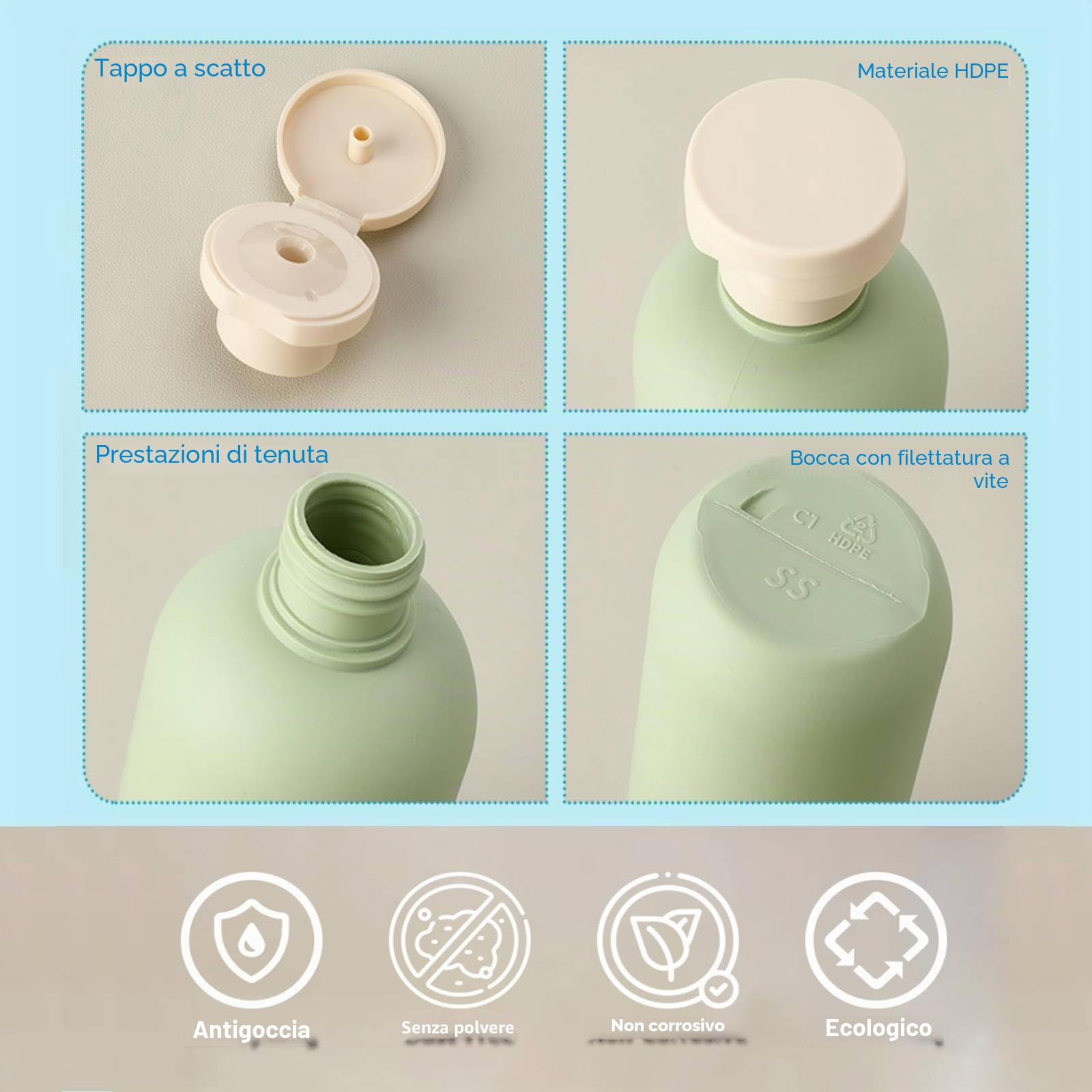 Bottiglie da Viaggio per Shampoo 200ml 2 pezzi con erogatore a pompa e tappo flip, Flaconi da Viaggio Ricaricabili per Articoli da Toeletta, antiperdita per shampoo, bagnoschiuma e cosmetici