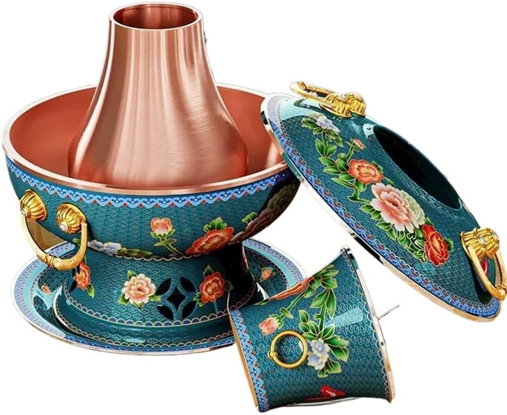 Chinese Hot Pot,Copper Hot Pot, Hot Pot Cloisonné Copper Hot Pot Chinese Traditional Charcoal Old Hot Pot Scald-resistant Handle Suitable For Winter And Picnics(Green,34cm),