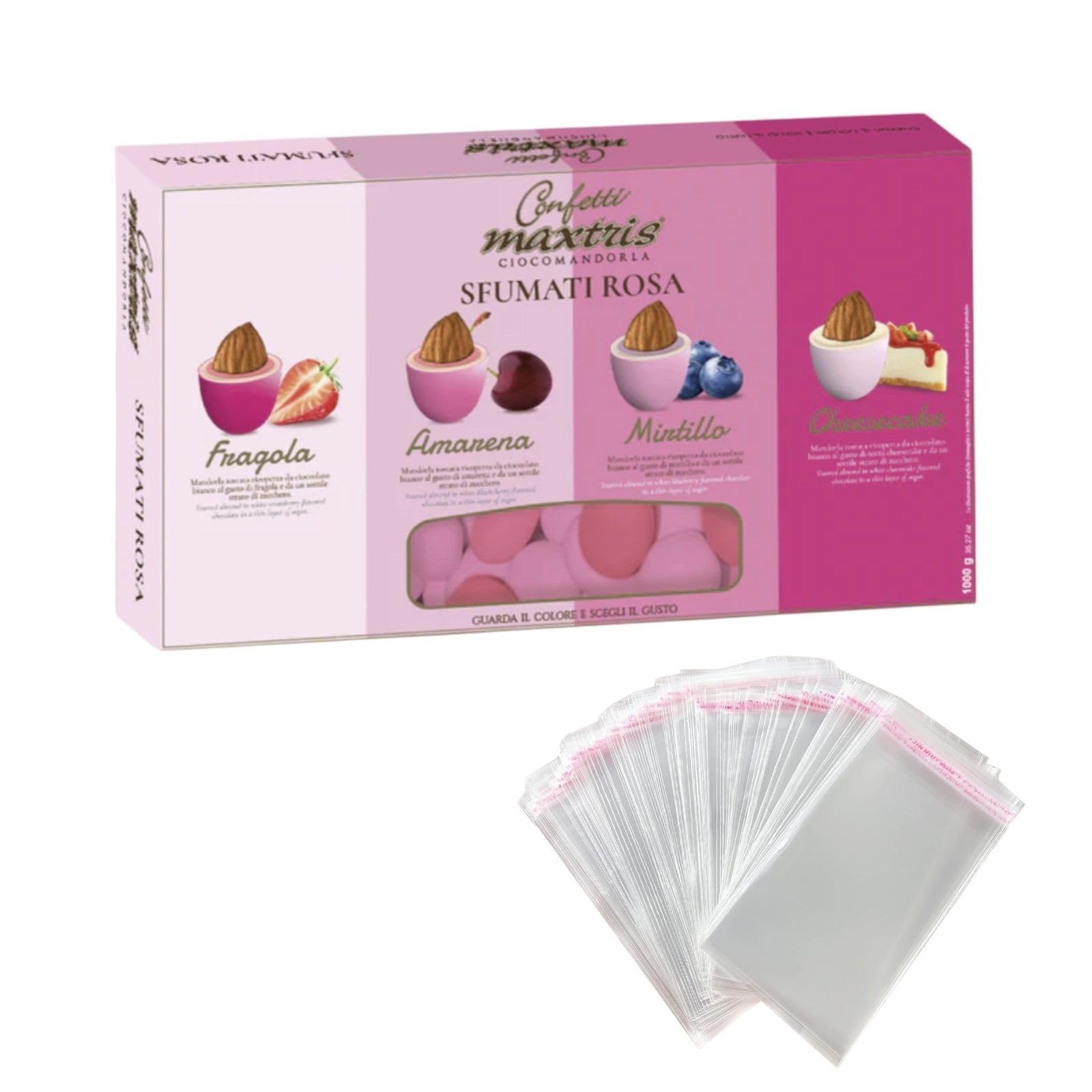 Doni Bomboniere Kit Confezione 1Kg Confetti Sfumati Rosa con Mandorla Ricoperta + 50 pz Bustine Portaconfetti Trasparenti per Battesimo Nascita Compleanno Bimba Made in Italy