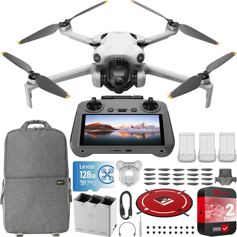 DJI Mini 4 Pro Folding Drone with RC 2 Remote (With Screen) Fly More Combo Plus, 4K HDR Video Camera for Adults, Under 249g,Omnidirectional Sensing, 3 Plus Batteries Bundle with Deco Gear Accessories